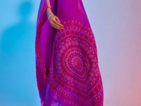 PURPLE RAVI PRINT KAFTAN WITH EMBELLISHED NECKLINE For Cheap