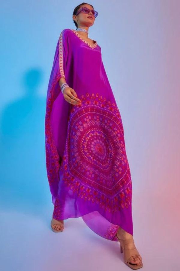 PURPLE RAVI PRINT KAFTAN WITH EMBELLISHED NECKLINE For Cheap