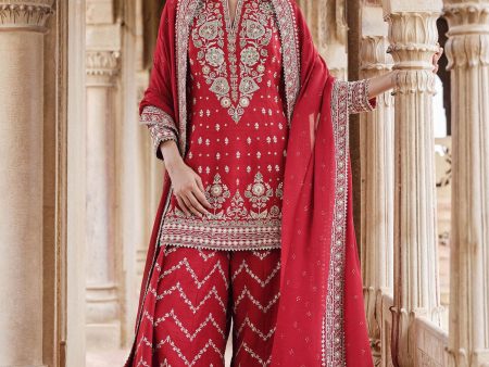 Maalavi Embroidered Cord Silk Suit Set - Red For Sale