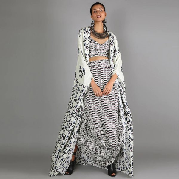 WHITE JAALI PRINT BUSTIER AND DRAPE SKIRT PAIRED WITH WHITE HALF BIRD PRINT AND HALF GEOMETRIC DAMASK PRINT CAPE on Sale